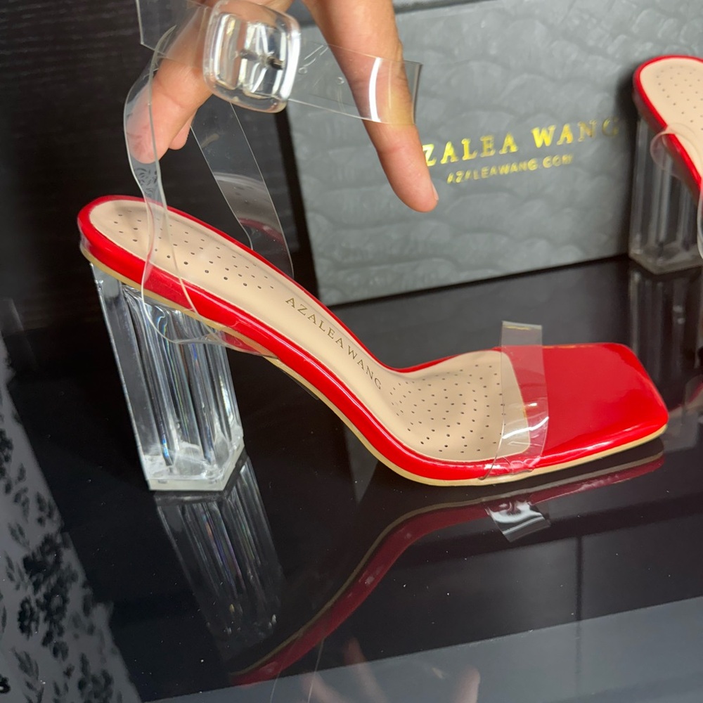 Azalea Wang Red Patent Leather Square Toe Clear Strap Block Heel Size 6-11